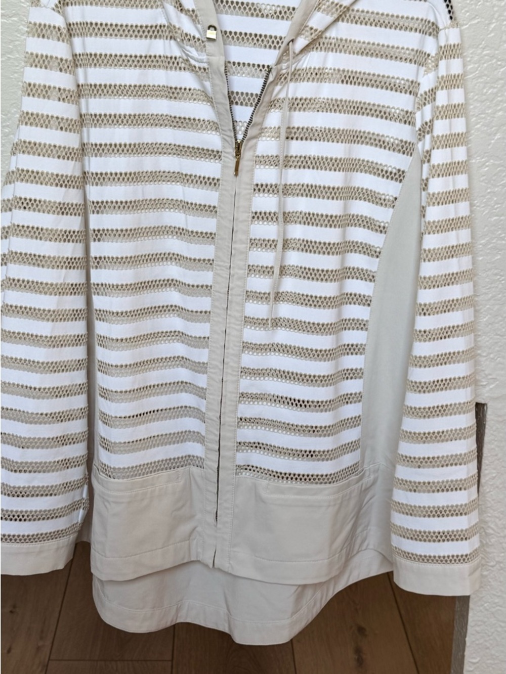 Chicos Zenergy Lightweight Hooded Zip-Up with Beige Stripe Detail